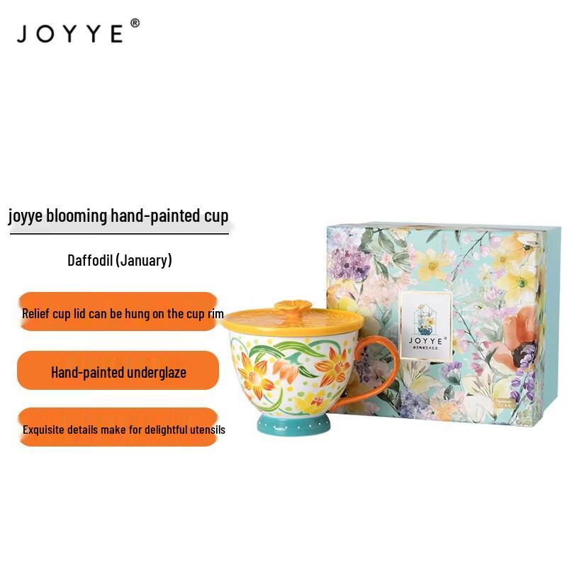 JOYYE Narcissus Hand-Painted Ceramic Mug with Lid & Sleeve