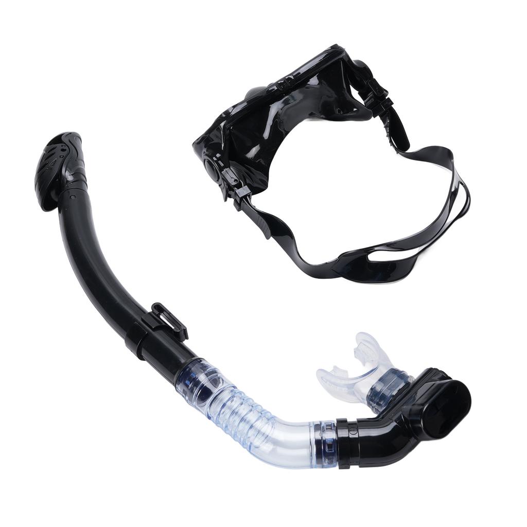 Adult Snorkel Set Wide View High Definition Tempered Glass Lens Diving Goggles and Full Dry Snorkel for Snorkeling Black
