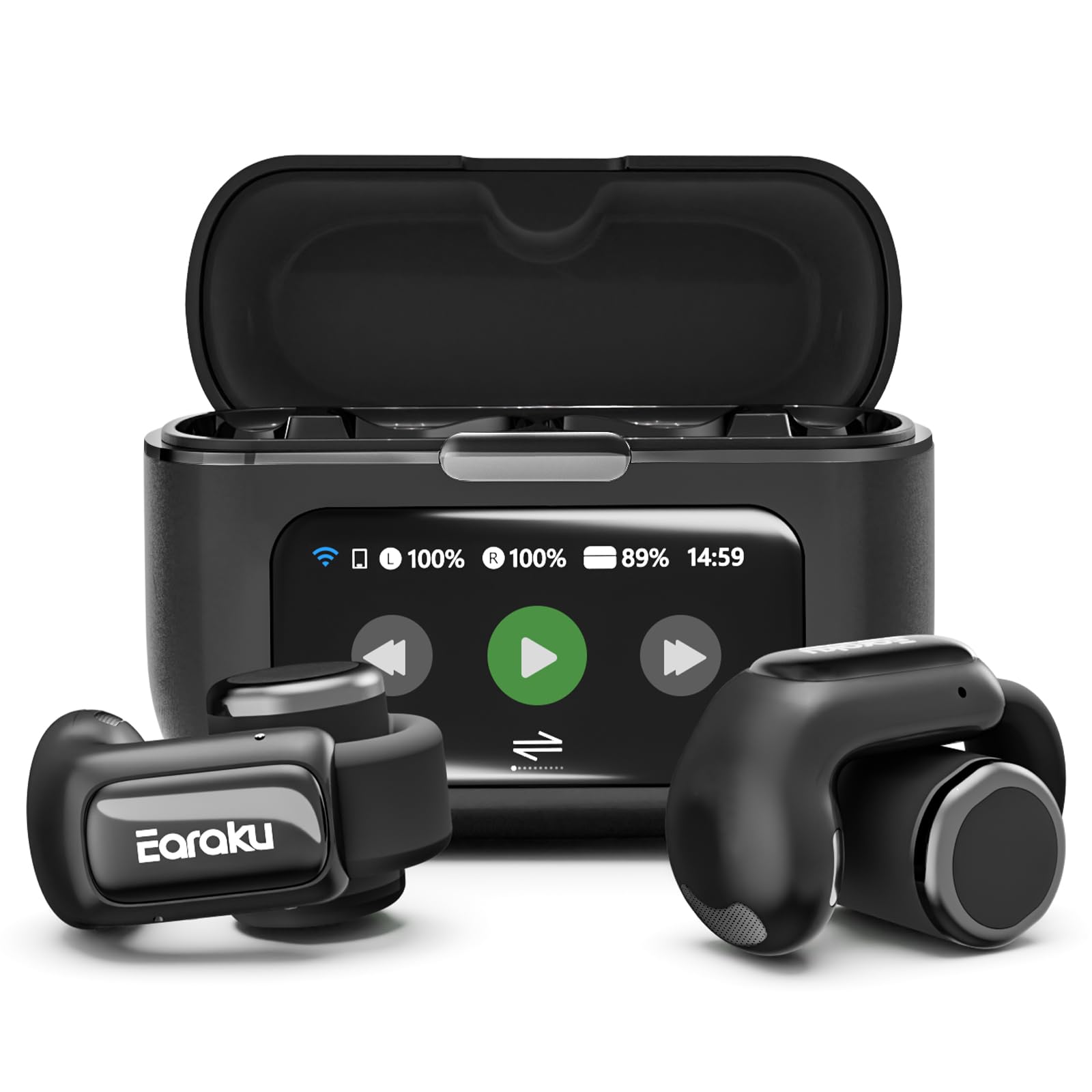 

[Ultimate Sound Experience & Industry-First Multi-Function Touchscreen] Earaku AirCuff Wireless Earbuds, Open-Ear Clip-On Earbuds, Ear Cuff Style, No