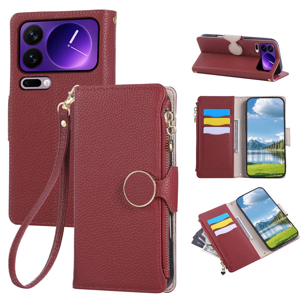 For Xiaomi 17 Pro Case Zipper Wallet Leather Phone Cover with Wrist Strap