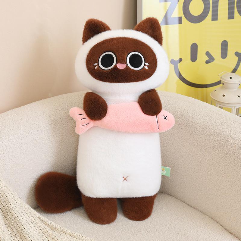 Siamese Cat Plush Fish-Catching Doll Pillow – Perfect Birthday Gift for Kids and Cat Lovers.