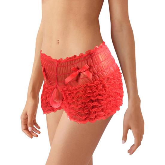 Men Sexy High Waist Underwear Mesh Lace Shorts Panties with Bowknot Decor Solid