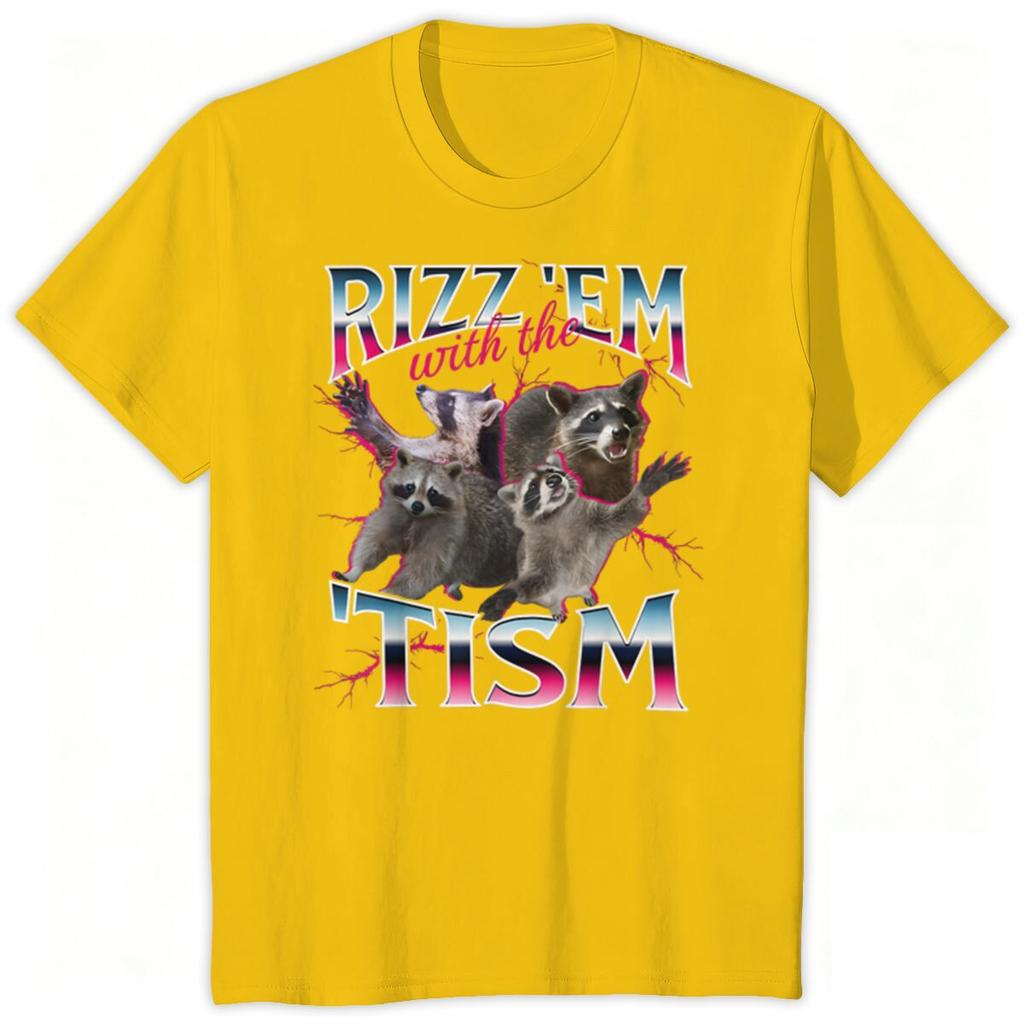 Unisexs Tshirt Rizz Em With The Tism Autism Racoon Print Tees Tops Retro Meme Print Clothes Funny Raccoon Meme Short Sleeve Tee