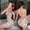 Fan Lei sexy underwear deep V dew dyeing printed hip skirt summer sexy naked back dress passion perspective