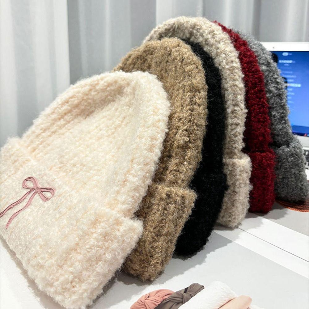 Wool Hat Bow Knitted Hat Solid Color Knit Beanie Sweet Crochet Basin Cap  Outdoor