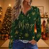 Women's Casual Christmas Print V-Neck Long Sleeve T-Shirt with Decorative Buttons for Holiday Parties