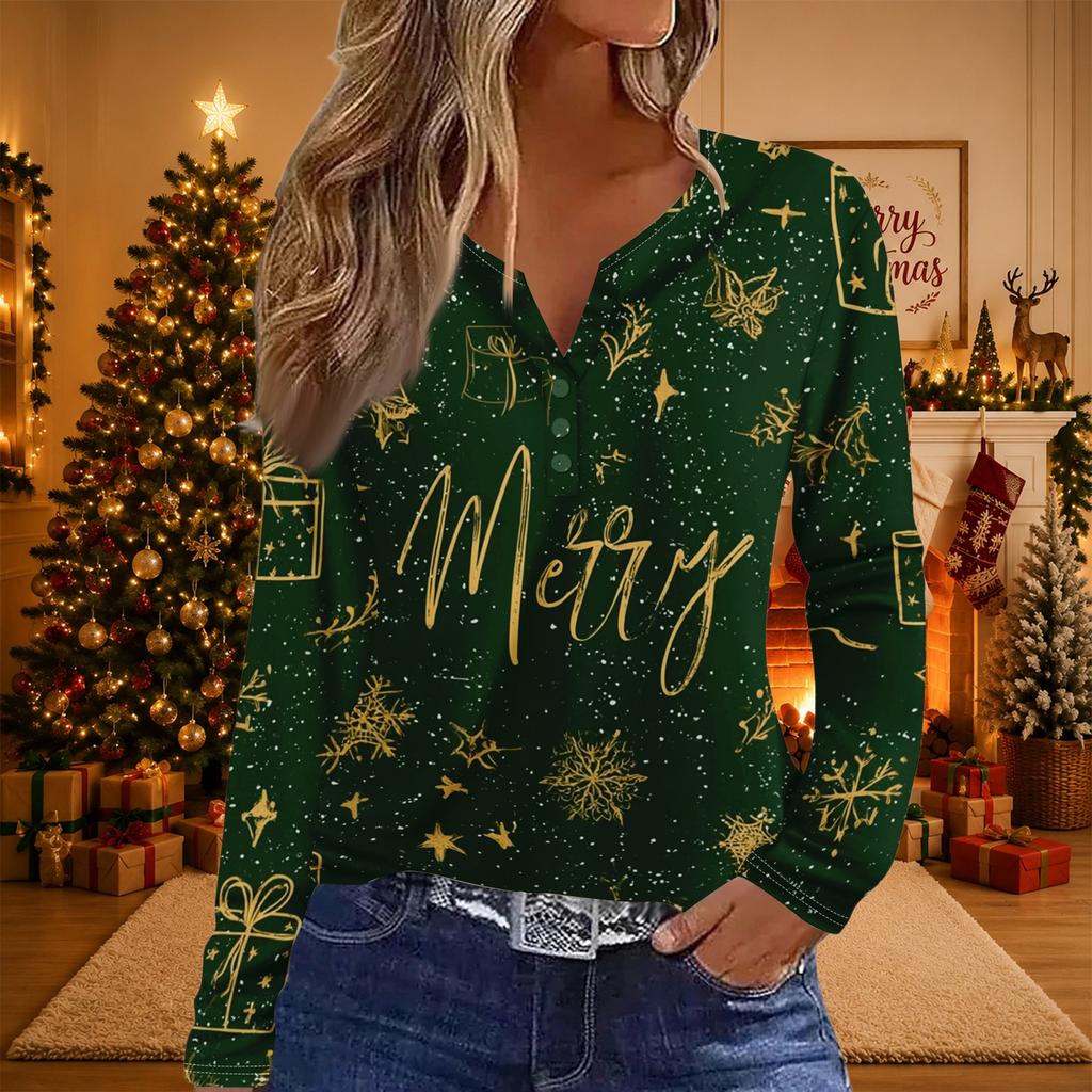 Women's Casual Christmas Print V-Neck Long Sleeve T-Shirt with Decorative Buttons for Holiday Parties