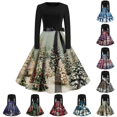 Moda Feminina Redonda Casual Ajuste Slim Estampa de Natal Vestido Manga Longa Grande Godê