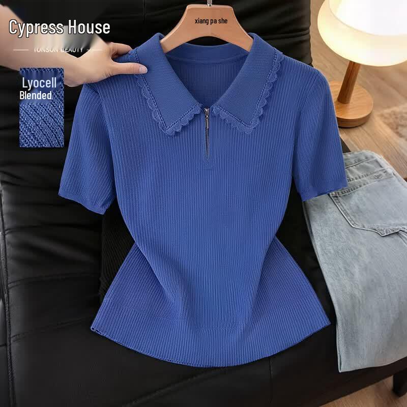 Women s Lyocell Blend Short Sleeve Lapel Knit Top One Size