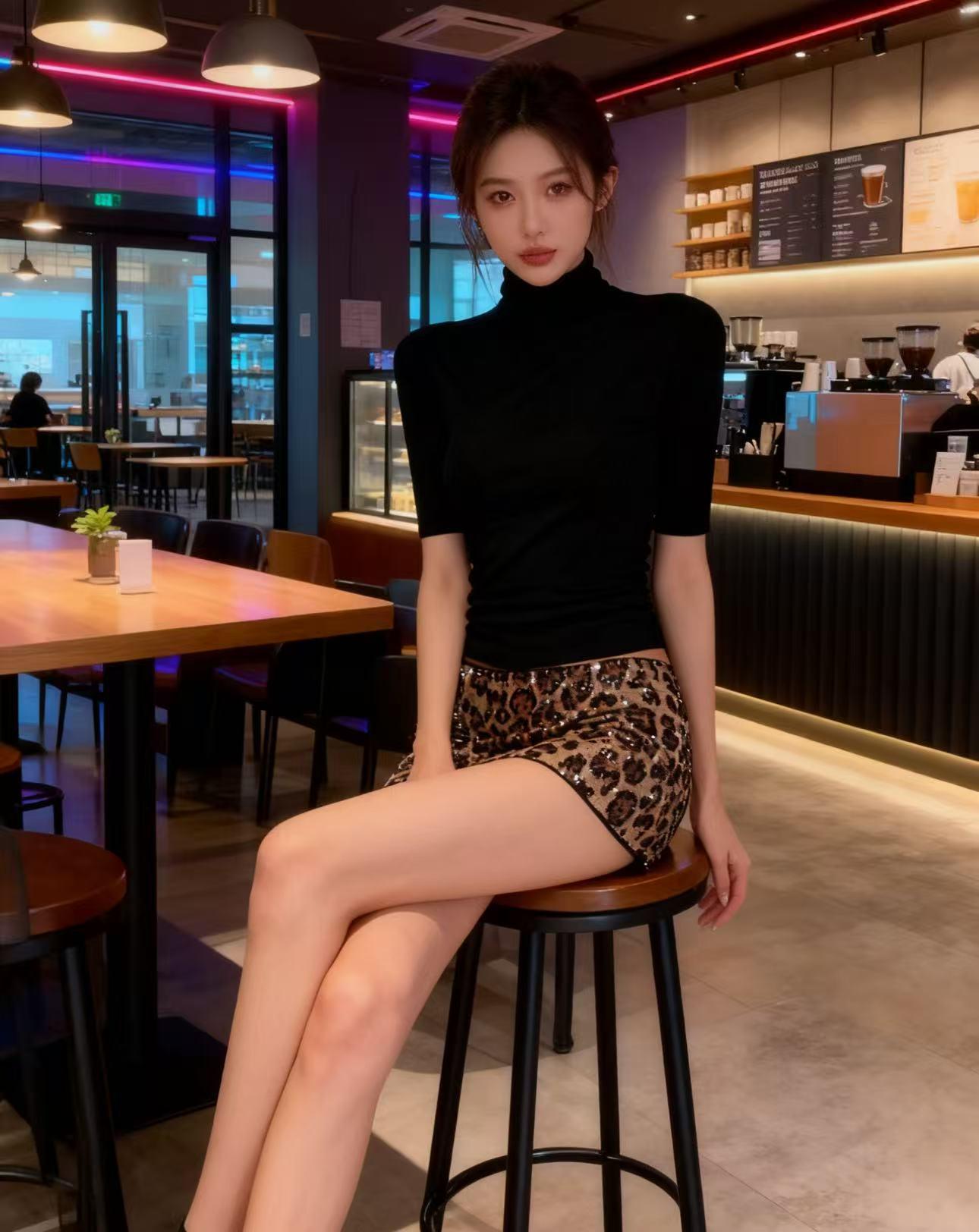 Набор «Острая Девушка»: Двухпредметный комплект: облегающая футболка с рукавами средней длины и облегающая юбка с леопардовыми пайетками, домашний стиль XL