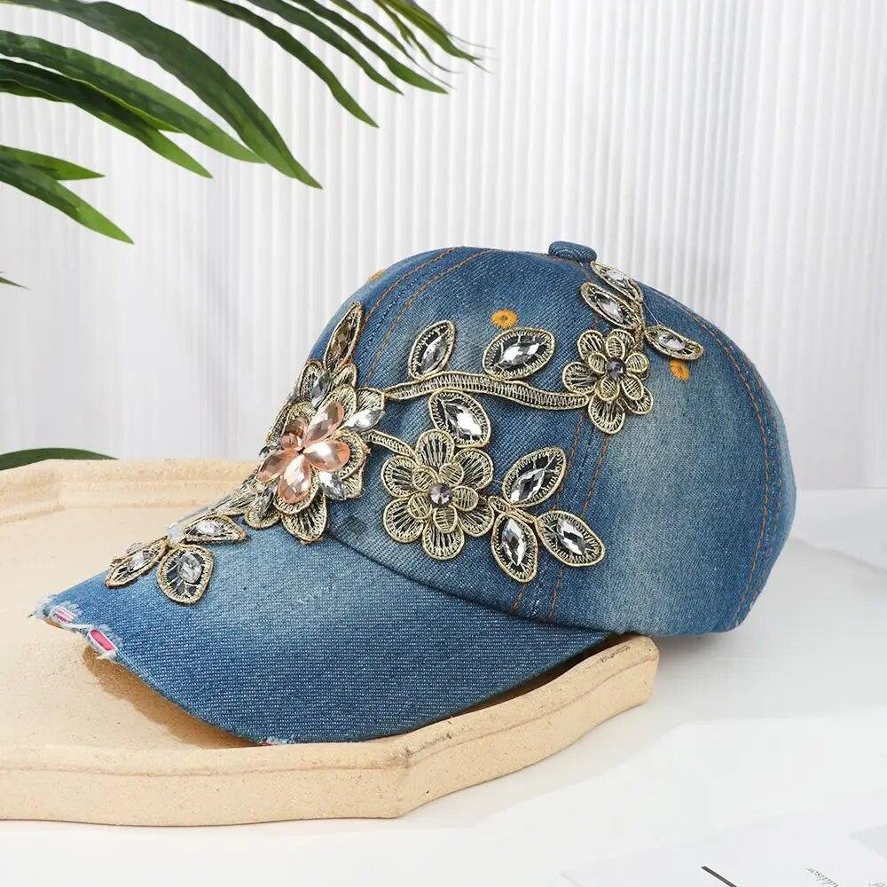 Outdoor Women Hat Rhinestone Flower Sports Baseball Cap Cowboy Sun Hat