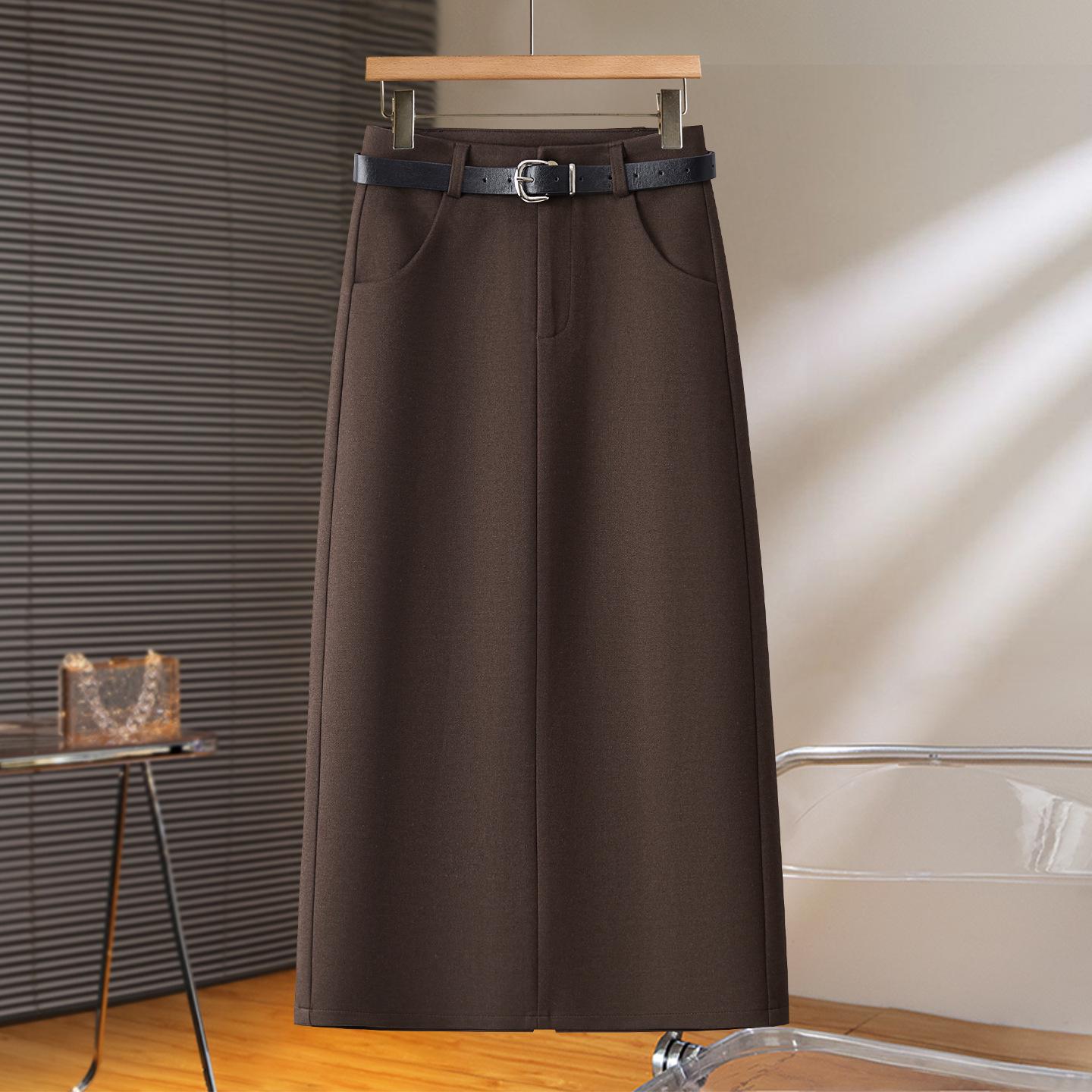 

Женская юбка-трапеция из смесовой шерсти цвета кофе: С высокой талией, стройнящие, со шлицей сзади для Осени/Зимы 2025. 2XL