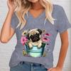 Cute Dog Unisexs Tshirt Flower Plant Graphic T Shirts Unisex Vneck Female Clothing Dog Lover Shirts Fashion Unisex Blouse 2024