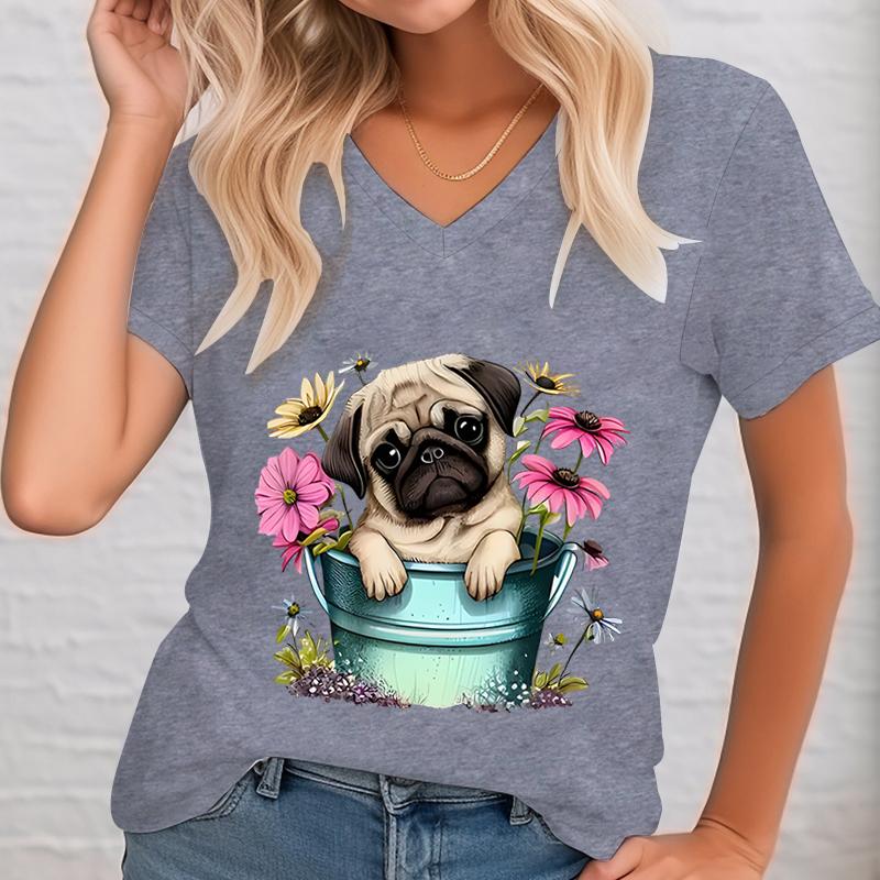 Cute Dog Unisexs Tshirt Flower Plant Graphic T Shirts Unisex Vneck Female Clothing Dog Lover Shirts Fashion Unisex Blouse 2024