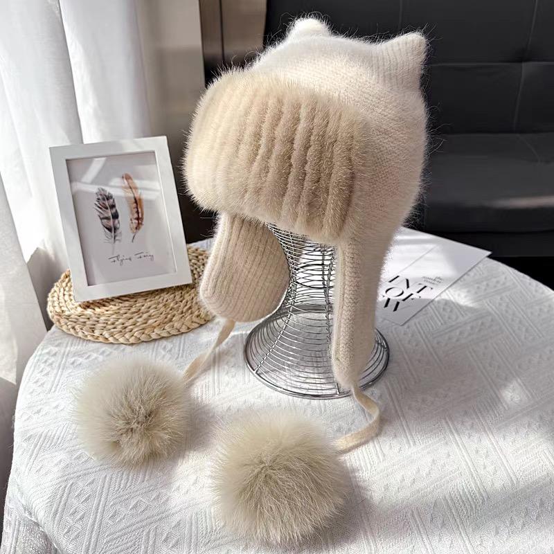 Women's Knitted Wool Beanie Hat with Mink Fur Pom Pom Hand Embroidery Adjustable Wool Blend Fabric for Travel