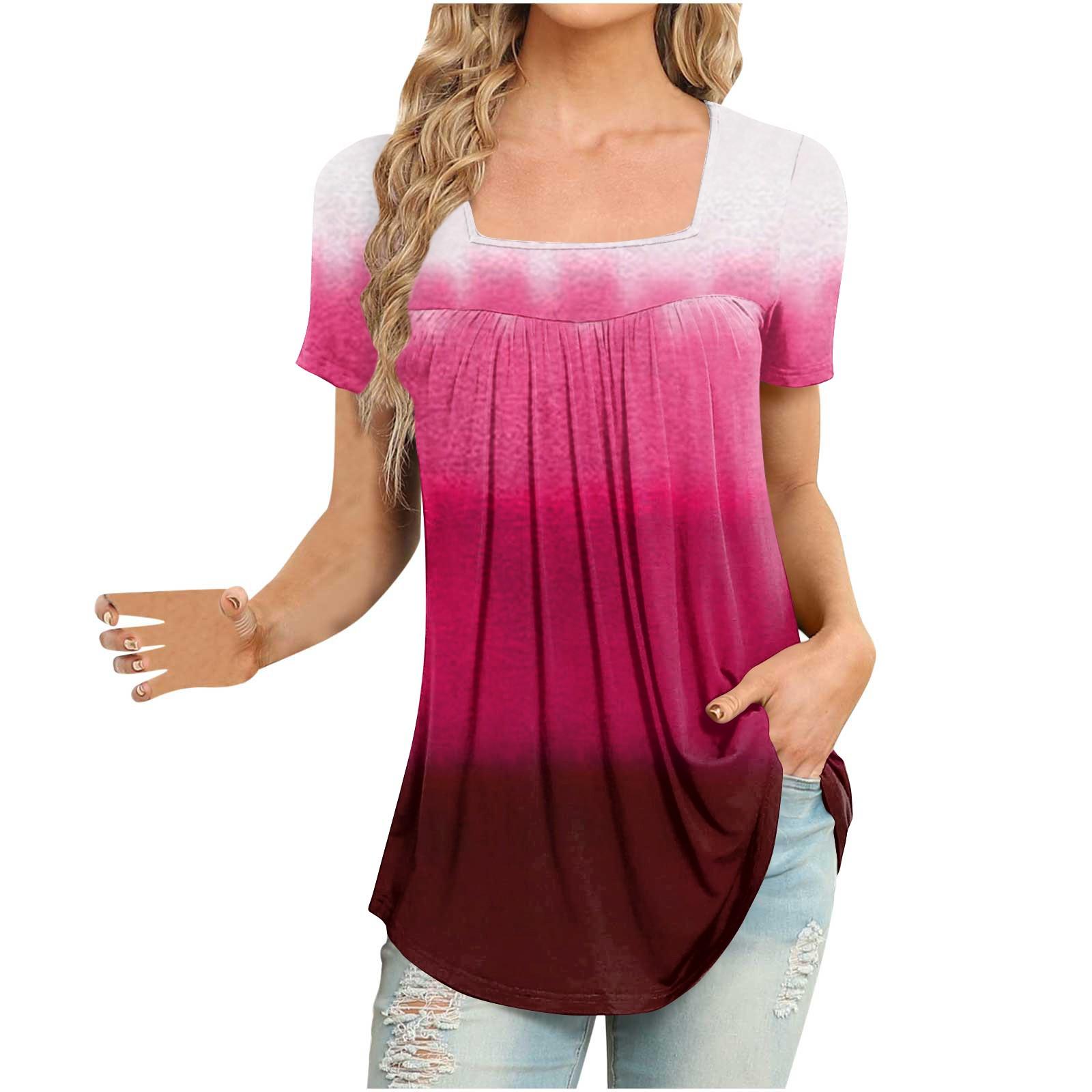 

(SU)Womens Tops Spring Summer Fashion Casual Square Neck Tops Short Sleeve T-shirt