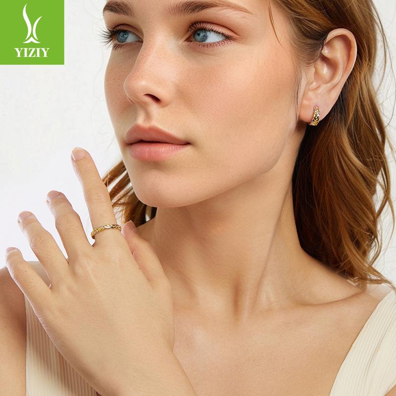 Two-Color Woven Earrings Ring S925 Sterling Silver Set, Light Luxury Color Separation Electroplated Jewelry