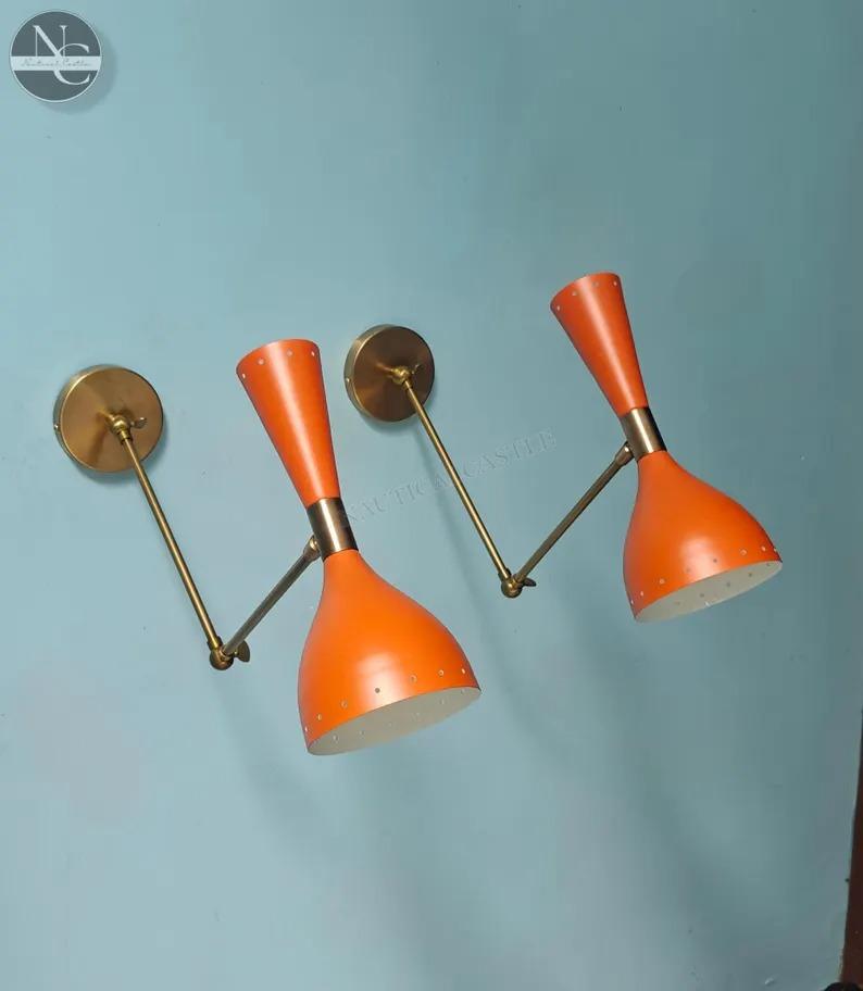

Mid Century Brass Wall Sconce Pair: Orange Italian Diablo Light Fixtures помаранчевий