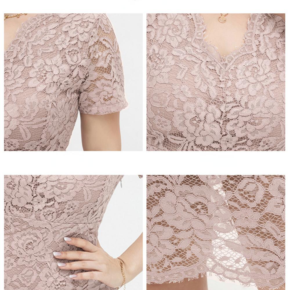 Jaro Léto Novinka Plus Size Slim Pevná Krajka Šaty se zavinovacím krkem Cizí ženy