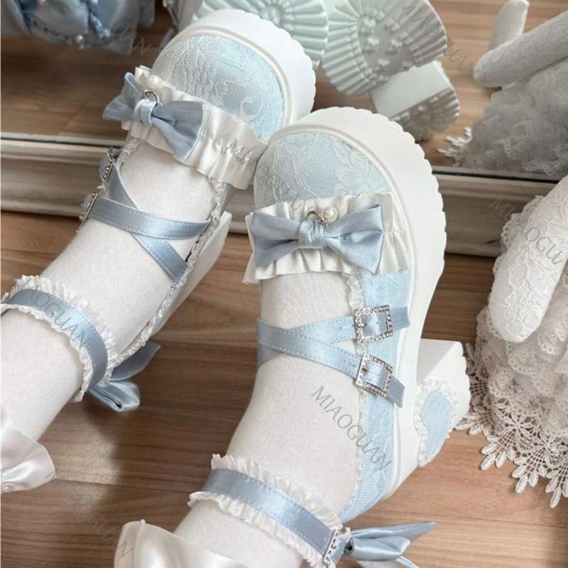 Gothic Sweet Lolita Heels for Women Chunky Platform Bowknot Buckle Strap Pumps Fashion High Heels Lace Mary Jane Shoes