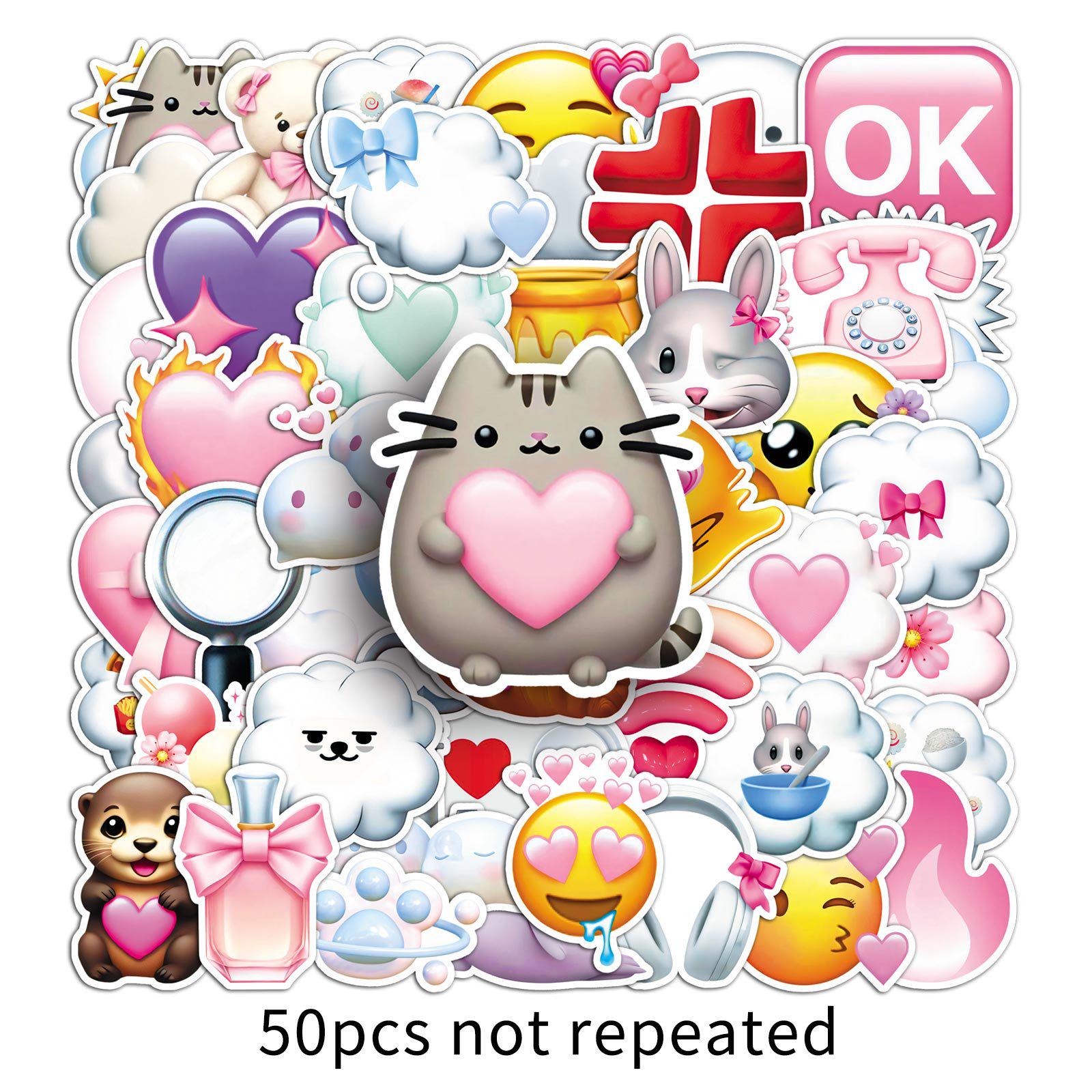 Pack of 50 Cute Waterproof Emoji Stickers - Cartoon, Girly, Heart Design for Journals & Suitcases