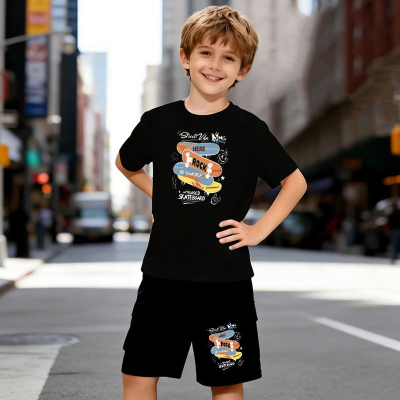 

Boys 2 Piece Rock & Skateboard Print Outfit, Short Sleeve T-Shirt and Shorts Set for Kids Age 5-14,Black and White Sporty Casual Summer Clothes 5-6 Years чёрный