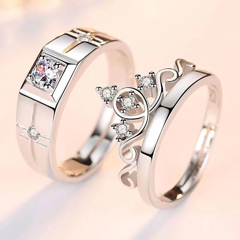 2Pcs Simple Light Luxury Zircon Couple Paired Rings For Women Men Opening Adjustable Rings Wedding Anniversary Jewelry Gift