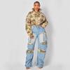 Women's Loose Fit Two Piece Pantsuit Long Sleeve Floral Cropped Jacket High Waist Multi Pocket Cargo Denim Matching Set