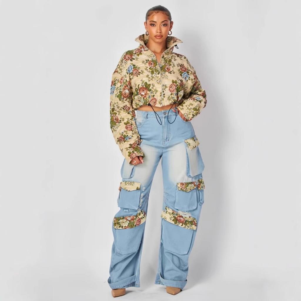 Women's Loose Fit Two Piece Pantsuit Long Sleeve Floral Cropped Jacket High Waist Multi Pocket Cargo Denim Matching Set