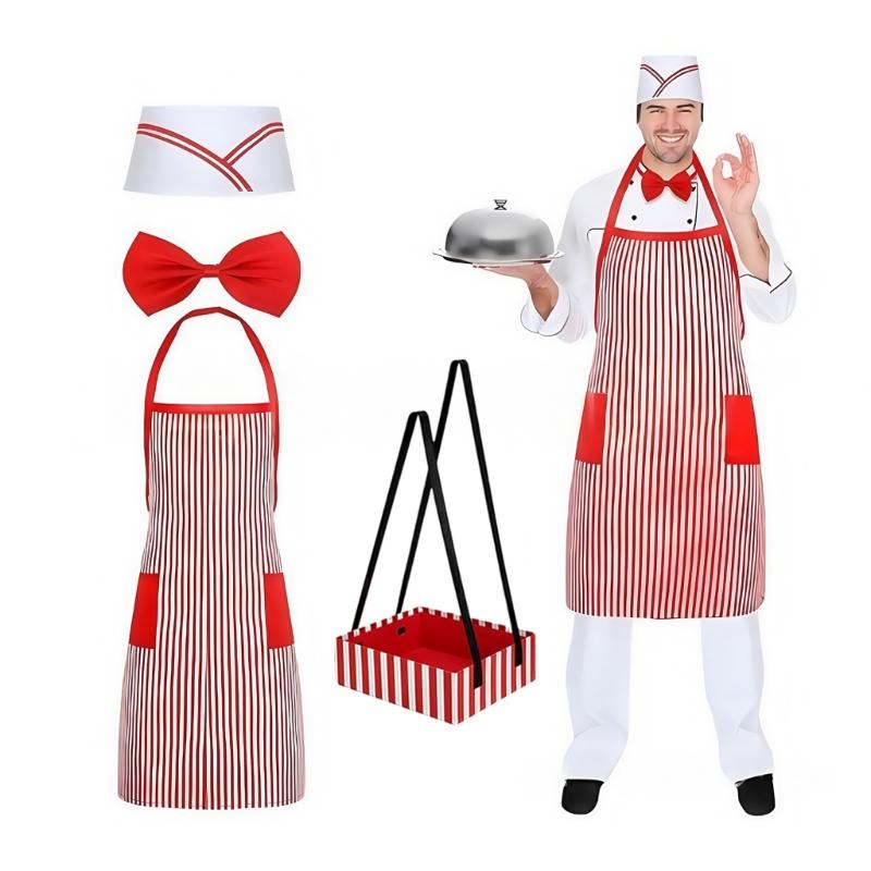 1950s Adult Waiter Costume Set Waitress Costume Hots Dog Costumes with Stripe Apron,Caps and Bowtie