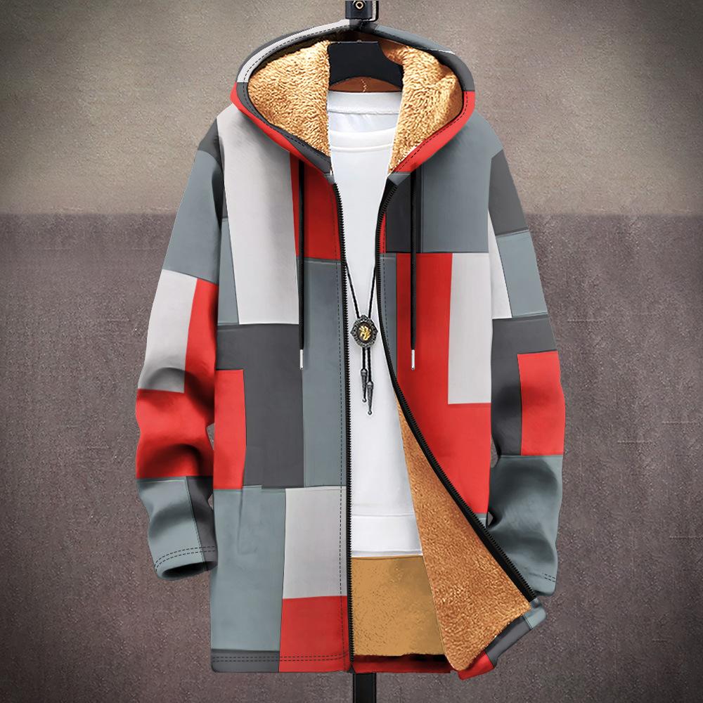 New Jacket: Multi-colored Pattern Elements, Zipper Hooded Cardigan, Thickened Winter Fleece Padded Clothes, Yellow Lining, Trendy Cotton Clothes