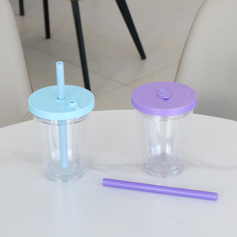 360ml Kreativer Dicker Strohhalm Bubble Tea Becher DIY Silikonstöpsel Doppellagig Kunststoffummantelt Rund Amerikanischer Stil Kaffeebecher