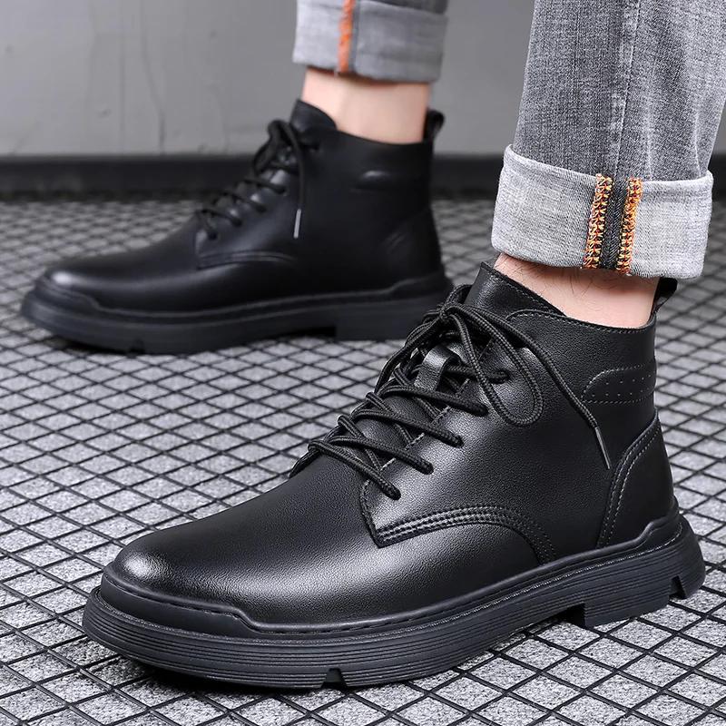 Autumn and Winter Men's Leather Boots High-top Work Shoes Plus Velvet To Keep Warm Non-slip Wear-resistant Mens Motorcycle Boots