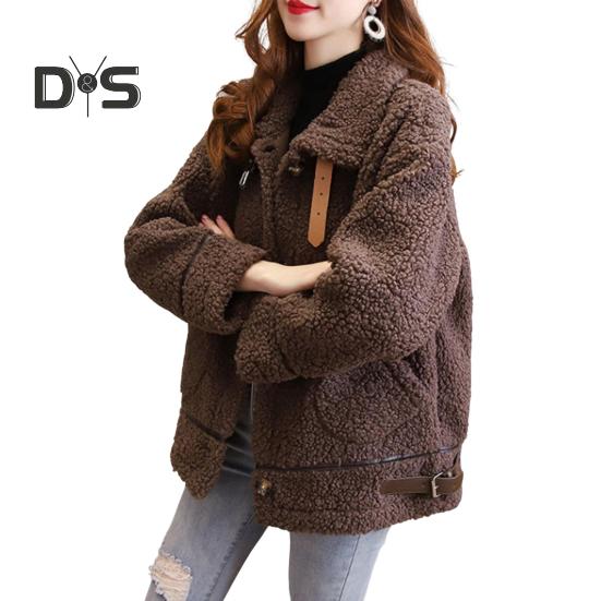 Winter Women Coat Single-breasted Turn-down Collar Long Sleeves Loose Thick Plush Pockets Belt Decor Windproof Warm Jacket