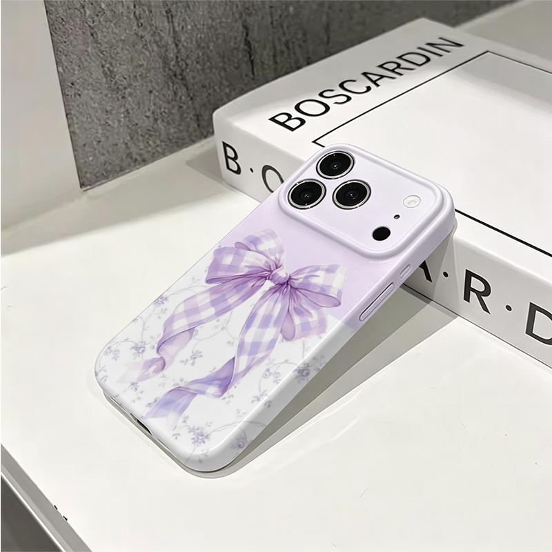 Delicate Lavender Gingham Bow Floral Toile Pattern Art Film Aesthetic Protective Shockproof Bumper Case Cover For iPhone 14 15 16 Pro Max Plus