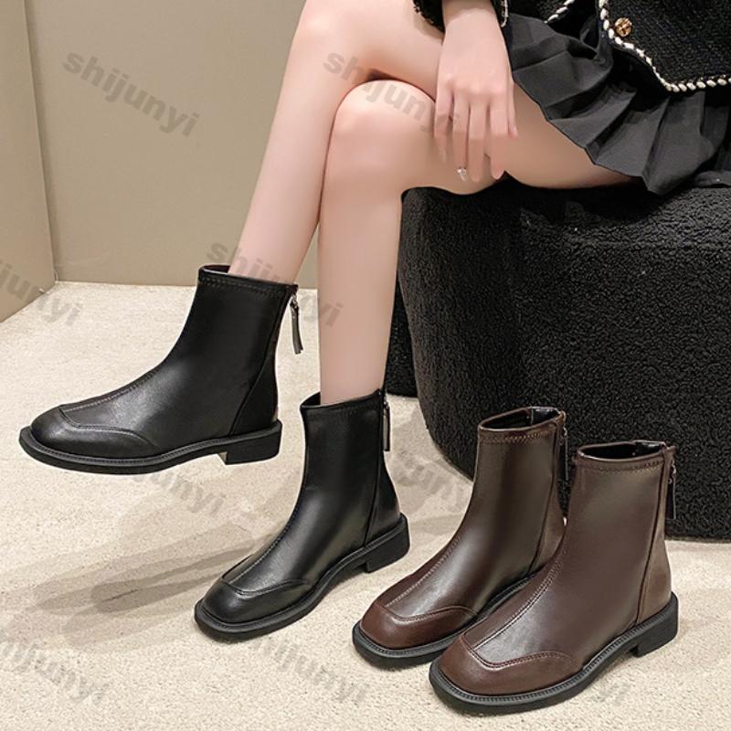 Fashion Women Platform Ankle Boots British Style Fashion Back Zipper Soft Leather  Chelsea Boots Woman Autumn Thick Sole Short Booties