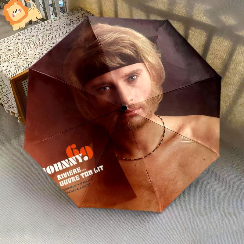 1pc Johnny Hallyday pattern Umbrella Portable Folding Umbrella Iron Frame Hole Bone Structure Outdoor Home Umbrella