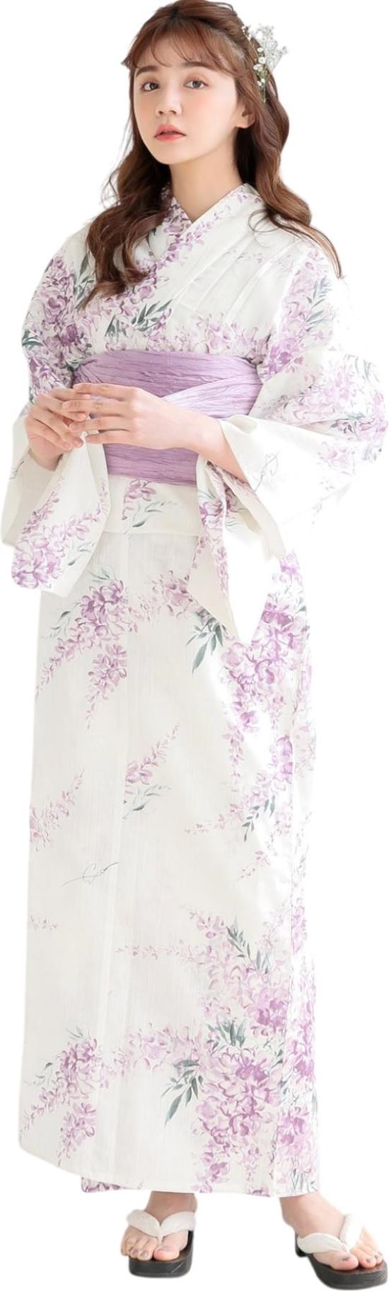(Dita) Women s Yukata 5-Piece Set: Purple, Pink, White, Wisteria Flower, Japanese Style, Simple, Watercolor, Elegant, Easy to Wear by One Person