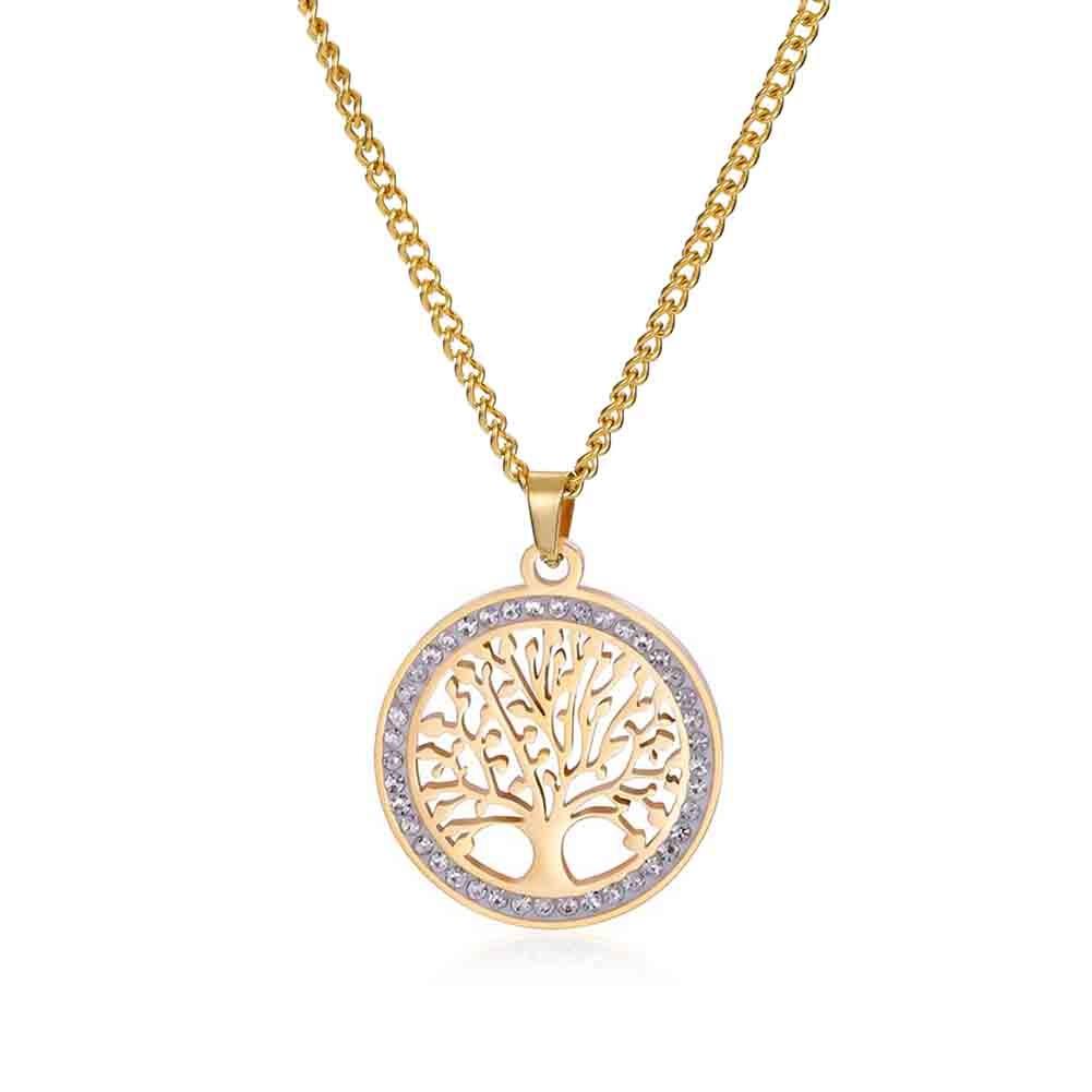 Collana Albero della Vita per Donna Acciaio Inossidabile Oro Zircone Trasparente Ciondolo Rotondo Catene per Collo Lusso Regalo di Matrimonio