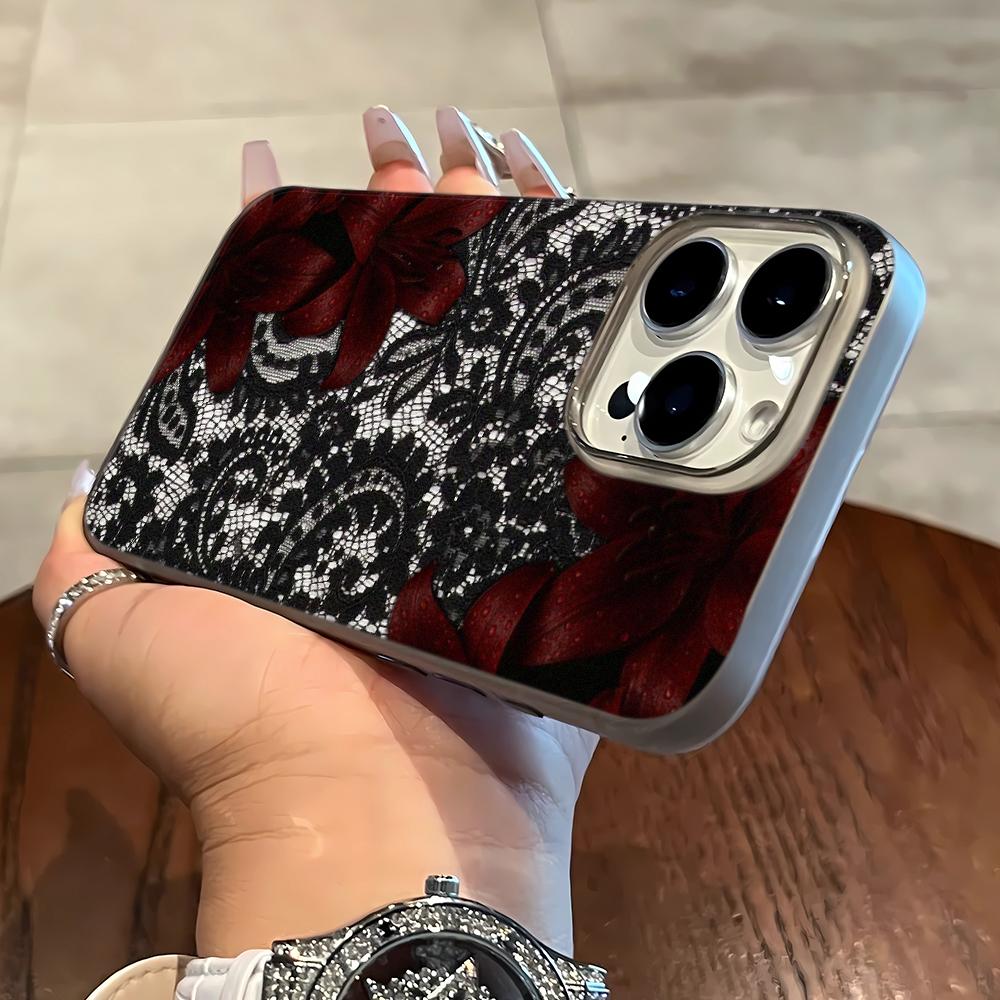 

Lace Red Flower Phone Case For iPhone 17 Air 16 14 15 Pro Plus 13 12 11 Pro Max 16e XR XS Shockproof Silicone Phone Cover Fundas iphone 11 Pro