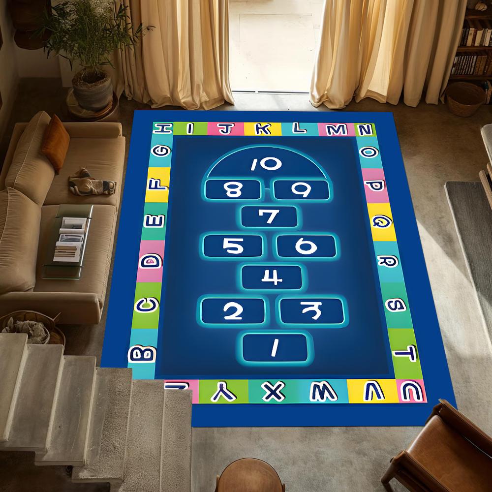 Kids Educational Area Rug Alphabet Number Cartoon Animal Patterns Soft Carpet for Children's Room Playroom Carpet Non Slip Blue