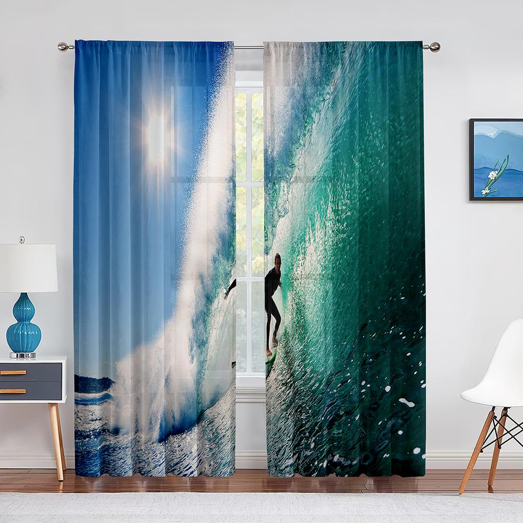 Ozeanwellen-Abenteuer Surfen Extremsport Tüllgardinen für Wohnzimmer Schlafzimmer Dekoration Transparente Voile-Fenstervorhänge Drapierungen