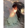 Pure Desire Backless Neck Sling Dress Women's Summer Vacation Pleated Long Dress Green Loose A-word Skirt