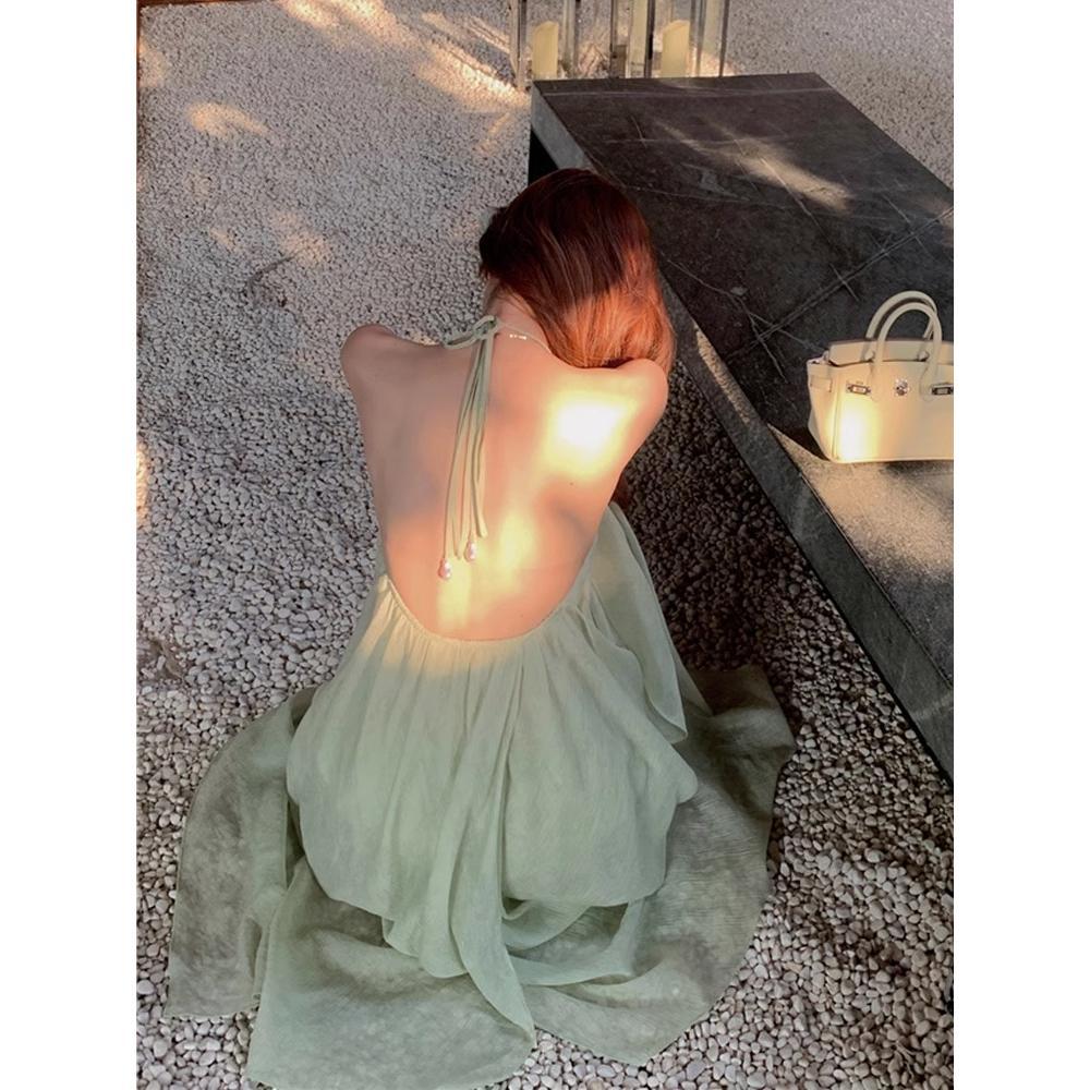 Pure Desire Backless Neck Sling Dress Women's Summer Vacation Pleated Long Dress Green Loose A-word Skirt