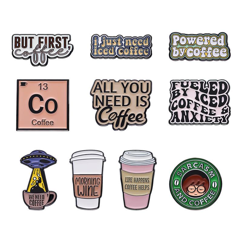 Brooch Alloy Trendy Pin With Charming English Letter Design Inspired By Coffee Cups For Enthusiasts Fashion