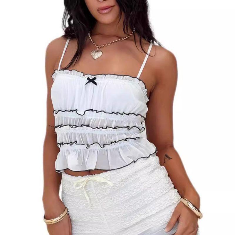 Fashion Summer Women's Versatile Sexy Open Back Wooden Ear Stitching Sleeveless Vest Silm Short Sling Tops