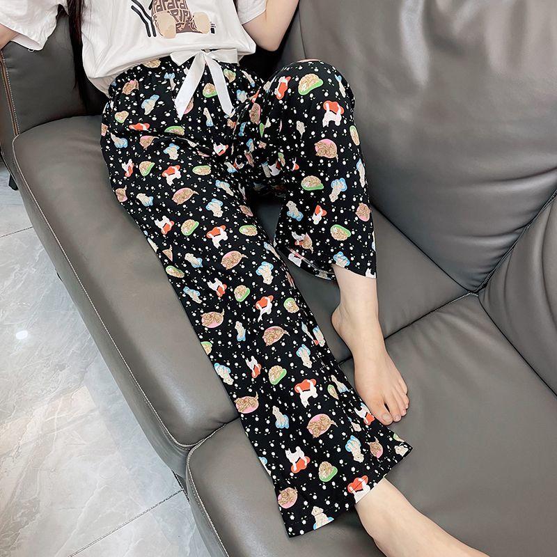 Summer Women's Cotton Rayon Ankle-Length Lounge Pants Thin Loose Fit AC Homewear with Elastic Waist