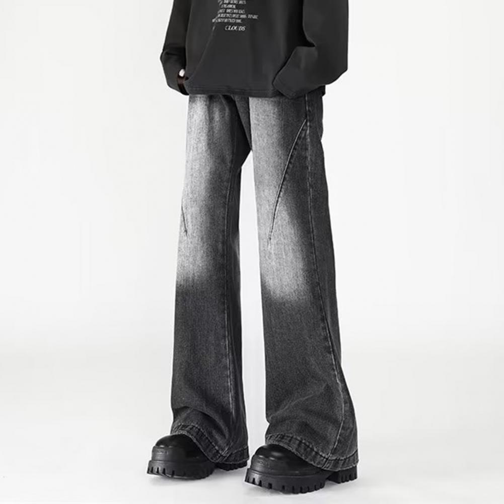 Herren Jeans Retro Gerade Bein Denim Hose mit Taschen Verwaschener Knopf Reißverschluss Hosenschlitz Farbverlauf Leicht ausgestellte Hose