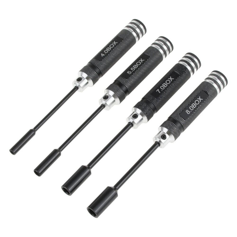 Nut Driver Socket Kit for RC Hobby, 4Pcs Hex Screwdriver Set, Sizes 4 0mm 5 5mm 7 0mm 8 0mm, Black/Blue Handles