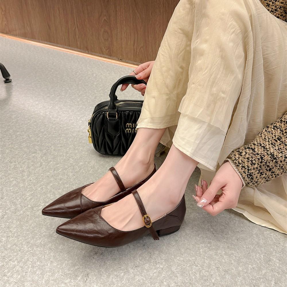 Washed cowhide~ Retro genuine leather soft sole is not tired feet women's shoes spring pointed shoes one-word buckle Mary Jane single shoes laden sho